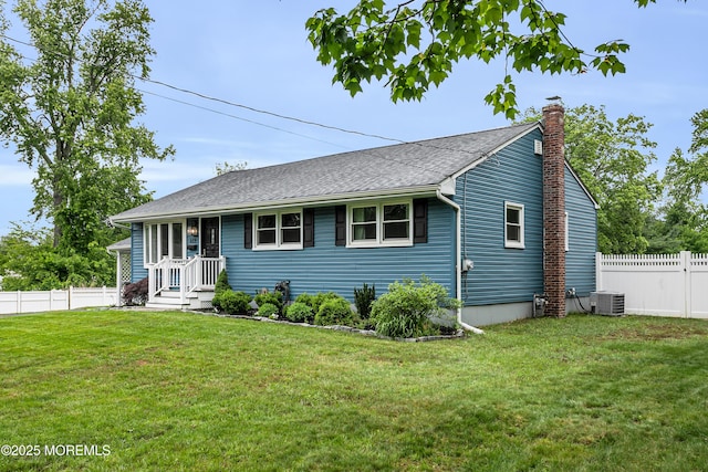 469 E Rd, Belford, NJ 07718 - ranch-style house featuring central AC unit, a chimney, and roof with shingles