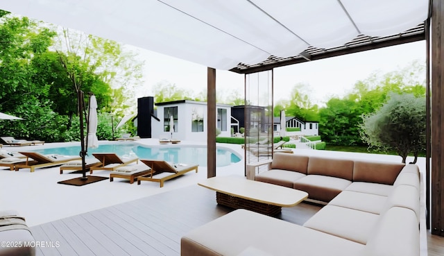 88 Clover Hill Rd, Colts Neck, NJ 07722 - view of patio / terrace featuring outdoor lounge area, a deck, an outdoor pool, and an outdoor structure