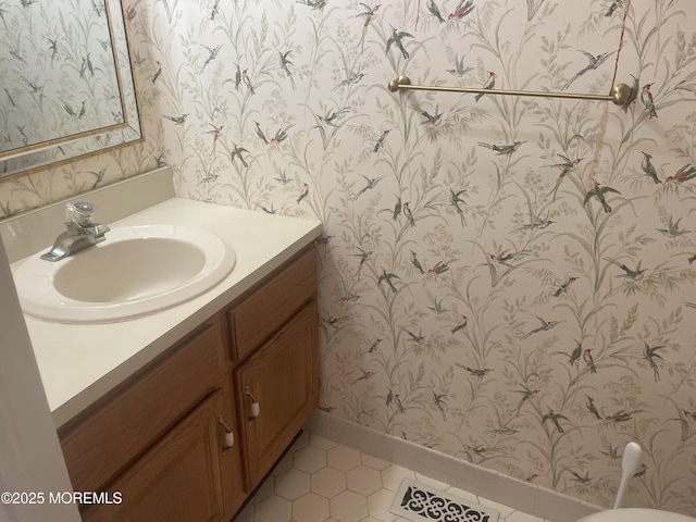 57 Pape Dr, Atlantic Highlands, NJ 07716 - half bathroom featuring wallpapered walls, vanity, and tile patterned floors