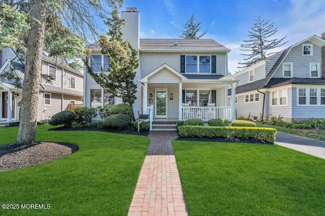 10 Forrest Ave, Fair Haven, NJ 07704 - view of front of home featuring a porch, a chimney, and a front yard