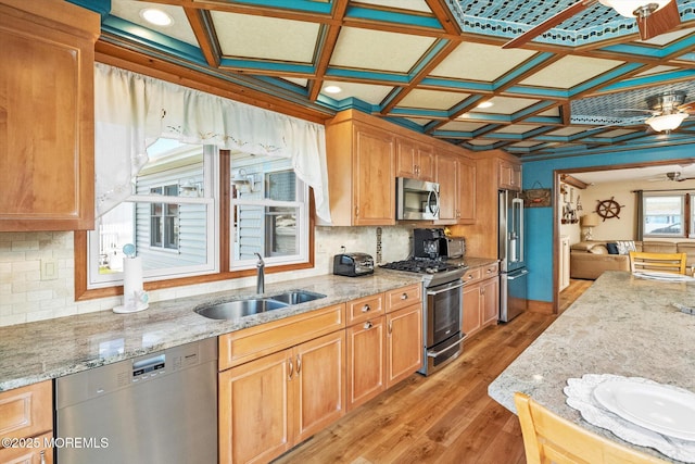 125 Bloomfield Rd, Barnegat, NJ 08005 - kitchen with stainless steel appliances, a sink, tasteful backsplash, light wood-style floors, and coffered ceiling