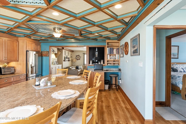 125 Bloomfield Rd, Barnegat, NJ 08005 - dining room with light wood finished floors, ceiling fan, coffered ceiling, and baseboards