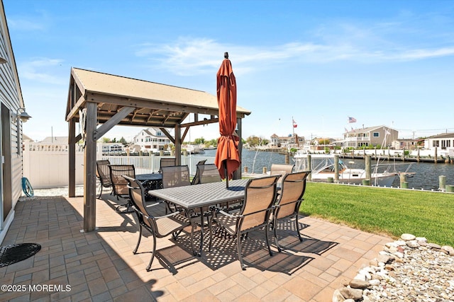 125 Bloomfield Rd, Barnegat, NJ 08005 - view of patio featuring a water view, outdoor dining space, and a dock