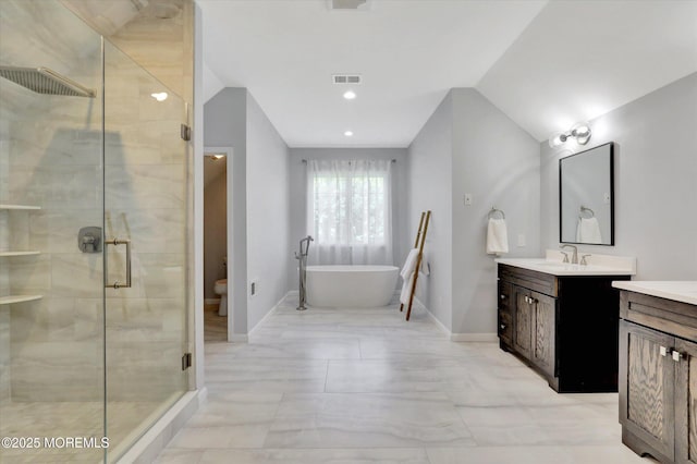 64 Sage St, Holmdel, NJ 07733 - full bathroom featuring vanity, a stall shower, a freestanding bath, baseboards, and vaulted ceiling