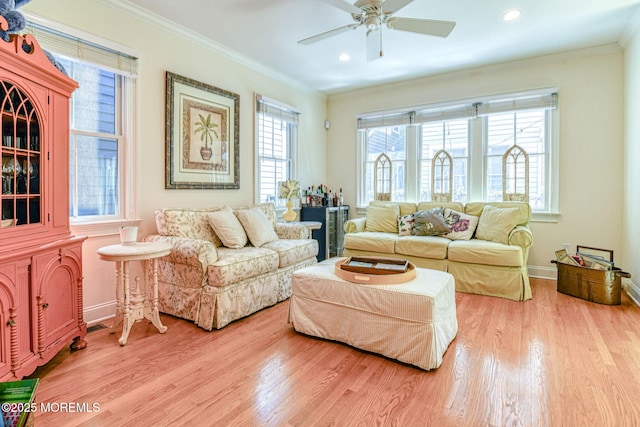 78 Cookman Ave, Ocean Grove, NJ 07756 - living area with wood finished floors, ornamental molding, a ceiling fan, baseboards, and recessed lighting