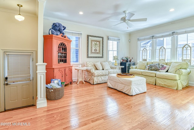 78 Cookman Ave, Ocean Grove, NJ 07756 - living area with a ceiling fan, light wood-style flooring, ornamental molding, and recessed lighting