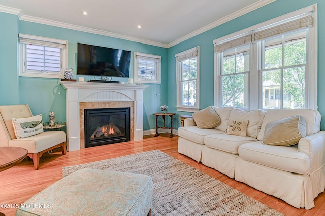 78 Cookman Ave, Ocean Grove, NJ 07756 - living room featuring crown molding, wood finished floors, a fireplace, recessed lighting, and baseboards