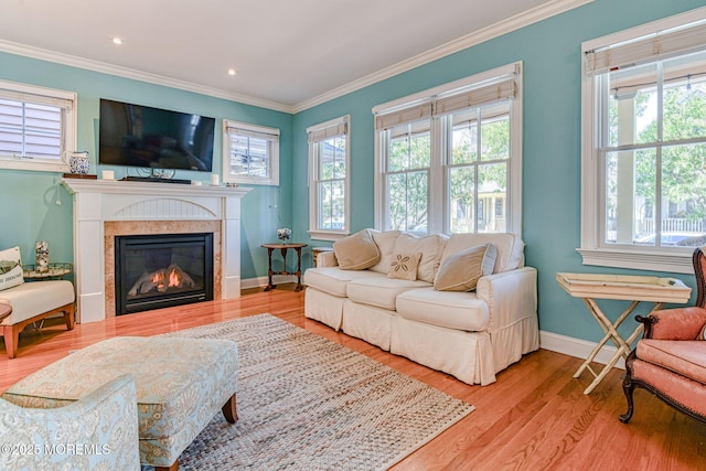 78 Cookman Ave, Ocean Grove, NJ 07756 - living room featuring ornamental molding, wood finished floors, a fireplace, baseboards, and recessed lighting