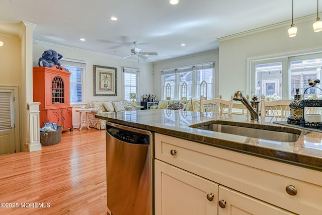 78 Cookman Ave, Ocean Grove, NJ 07756 - kitchen featuring stainless steel dishwasher, a sink, ornamental molding, light wood finished floors, and a ceiling fan
