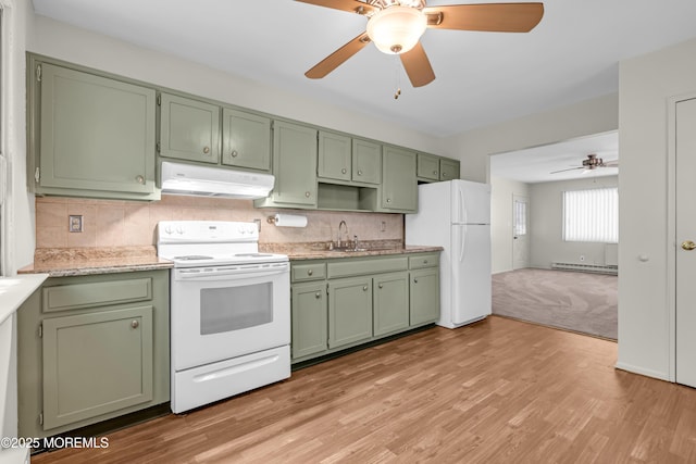 59 Maryland Ave Unit B, Whiting, NJ 08759 - kitchen with white appliances, under cabinet range hood, green cabinetry, and ceiling fan