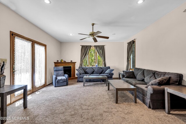 1 Overlook Ct, Manchester, NJ 08759 - living room with light carpet, ceiling fan, recessed lighting, and a fireplace