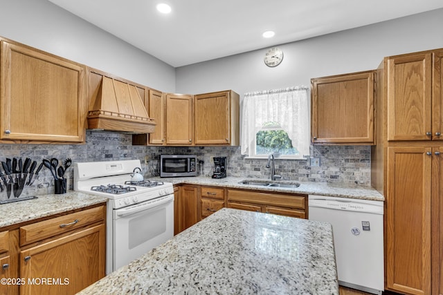 1 Overlook Ct, Manchester, NJ 08759 - kitchen featuring white appliances, custom exhaust hood, a sink, light stone counters, and decorative backsplash