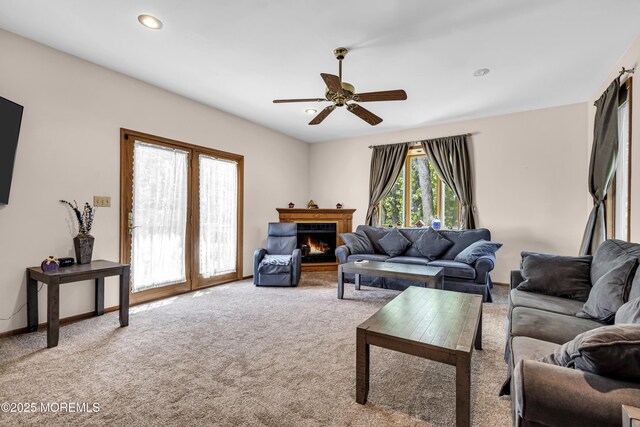 1 Overlook Ct, Manchester, NJ 08759 - living area featuring a ceiling fan, carpet, a lit fireplace, and recessed lighting