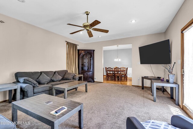 1 Overlook Ct, Manchester, NJ 08759 - living area featuring light colored carpet, ceiling fan, baseboards, recessed lighting, and a chandelier