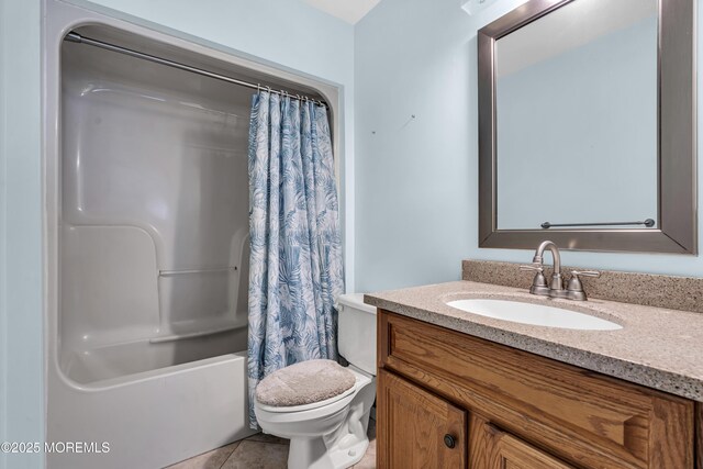 1 Overlook Ct, Manchester, NJ 08759 - bathroom featuring vanity, toilet, shower / bath combo with shower curtain, and tile patterned floors