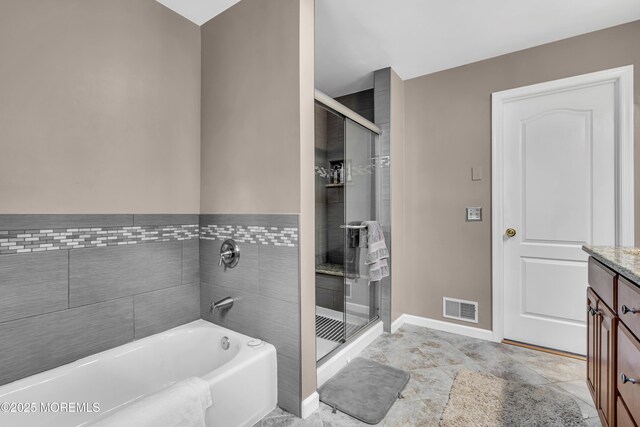 1 Overlook Ct, Manchester, NJ 08759 - full bath featuring a garden tub, vanity, a stall shower, and baseboards