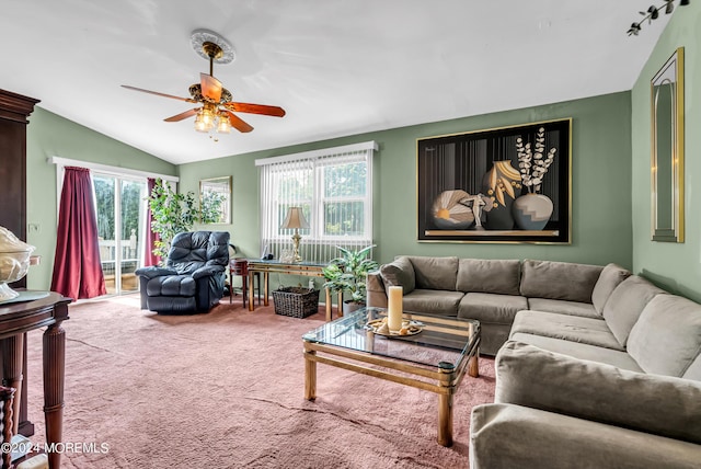 54 Wall St, West Long Branch, NJ 07764 - living room with lofted ceiling, a ceiling fan, carpet floors, and plenty of natural light