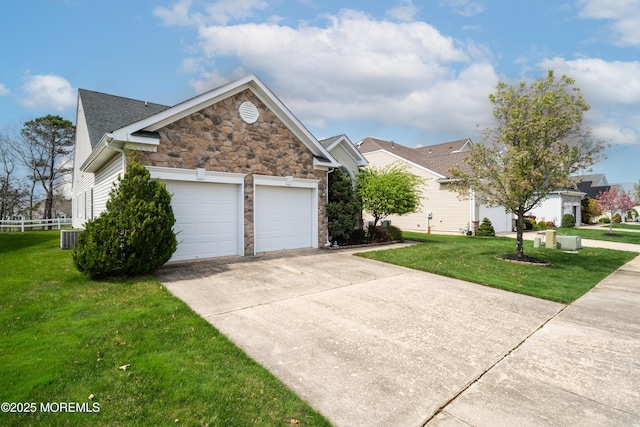 38 Point Pleasant Ln, Waretown, NJ 08758 - view of front of home featuring stone siding, driveway, a front lawn, a garage, and cooling unit