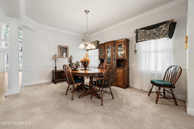 38 Point Pleasant Ln, Waretown, NJ 08758 - dining room with ornate columns, light carpet, crown molding, and baseboards
