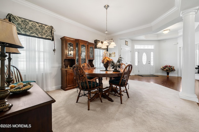 38 Point Pleasant Ln, Waretown, NJ 08758 - dining space with ornamental molding, ornate columns, baseboards, a tray ceiling, and a chandelier