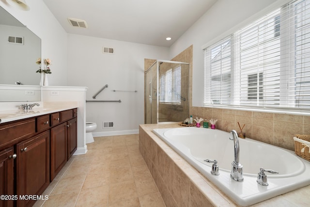 38 Point Pleasant Ln, Waretown, NJ 08758 - bathroom featuring toilet, vanity, a bath, a shower stall, and tile patterned floors