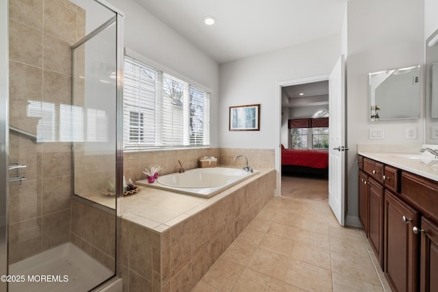 38 Point Pleasant Ln, Waretown, NJ 08758 - ensuite bathroom featuring vanity, a garden tub, a shower stall, tile patterned floors, and recessed lighting