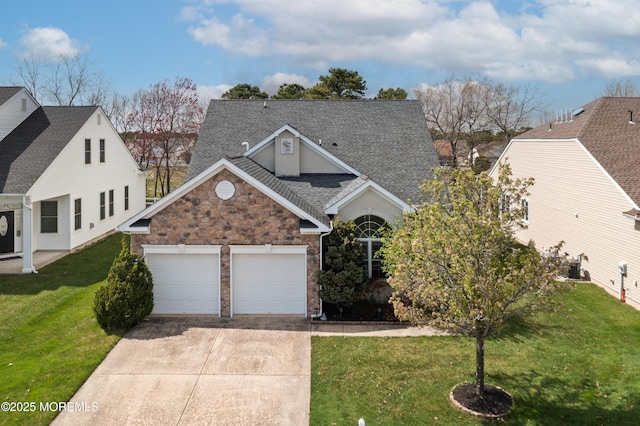 38 Point Pleasant Ln, Waretown, NJ 08758 - view of front of home with concrete driveway, a garage, stone siding, a front lawn, and a shingled roof