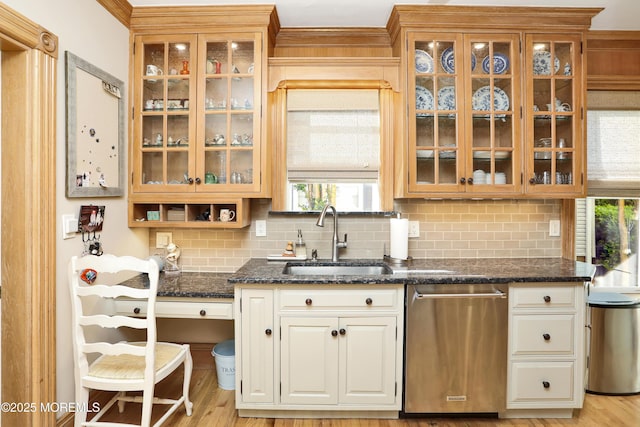 85 Virginia Ave, Manasquan, NJ 08736 - kitchen featuring stainless steel dishwasher, a sink, tasteful backsplash, and glass insert cabinets