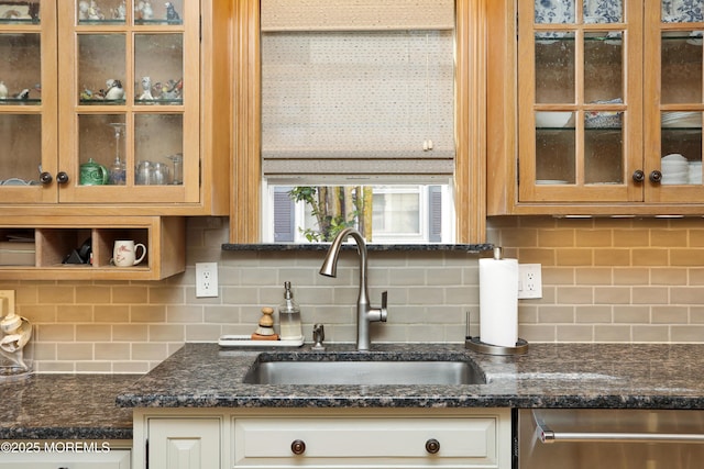85 Virginia Ave, Manasquan, NJ 08736 - kitchen featuring a sink, stainless steel dishwasher, decorative backsplash, and glass insert cabinets