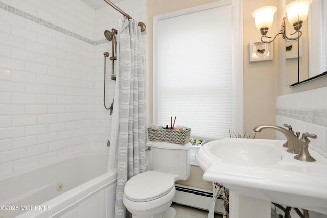 85 Virginia Ave, Manasquan, NJ 08736 - full bath featuring a baseboard heating unit, shower / bathtub combination with curtain, toilet, and a chandelier