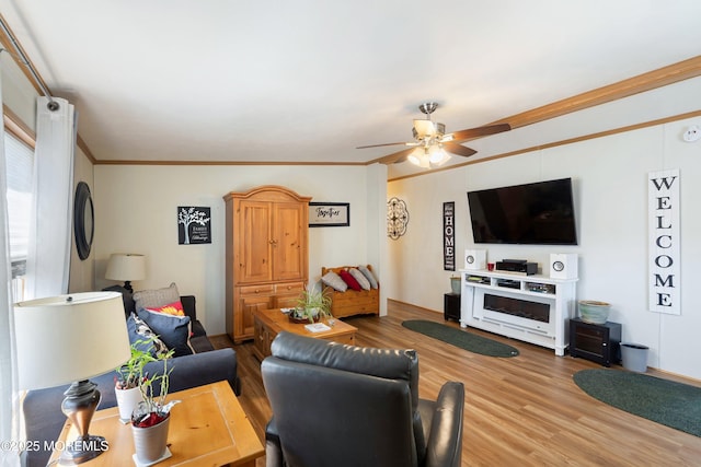 1400 Forest Way, Whiting, NJ 08759 - living area featuring a ceiling fan, wood finished floors, and ornamental molding