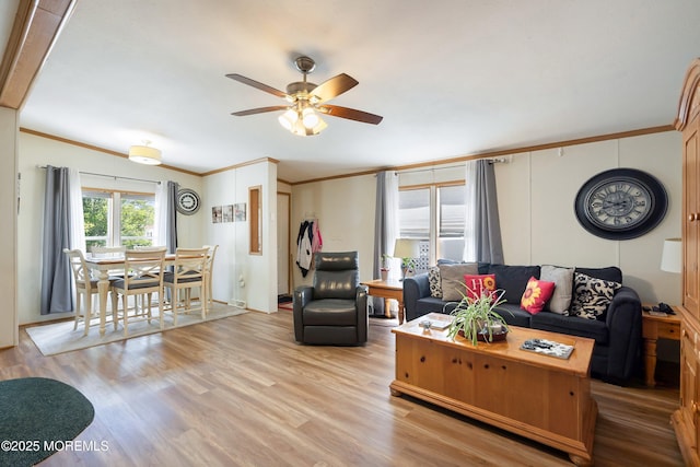 1400 Forest Way, Whiting, NJ 08759 - living area with crown molding, ceiling fan, and light wood finished floors