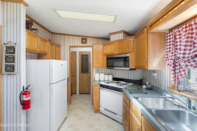 1400 Forest Way, Whiting, NJ 08759 - kitchen with white appliances, a sink, light flooring, wallpapered walls, and crown molding