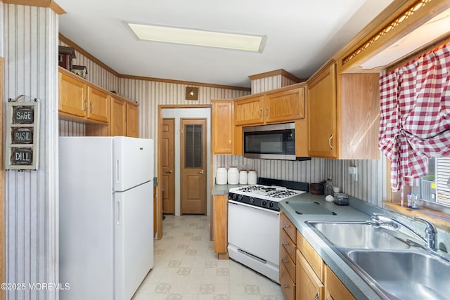 1400 Forest Way, Whiting, NJ 08759 - kitchen featuring white appliances, a sink, light floors, wallpapered walls, and crown molding