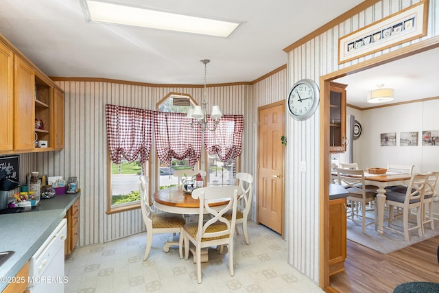 1400 Forest Way, Whiting, NJ 08759 - dining room featuring crown molding, a chandelier, wallpapered walls, and light flooring