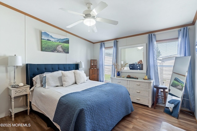1400 Forest Way, Whiting, NJ 08759 - bedroom with lofted ceiling, crown molding, wood finished floors, and a ceiling fan