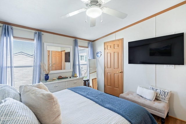 1400 Forest Way, Whiting, NJ 08759 - bedroom with vaulted ceiling, ornamental molding, ceiling fan, and wood finished floors