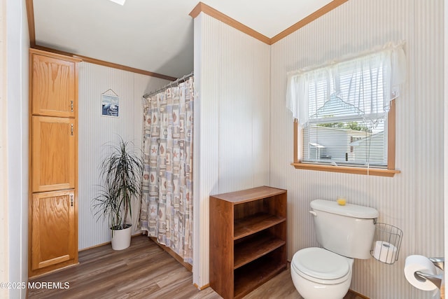 1400 Forest Way, Whiting, NJ 08759 - bathroom with crown molding, wood finished floors, toilet, and wallpapered walls