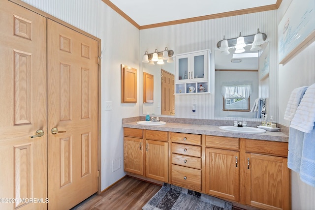 1400 Forest Way, Whiting, NJ 08759 - bathroom with crown molding, double vanity, and wood finished floors