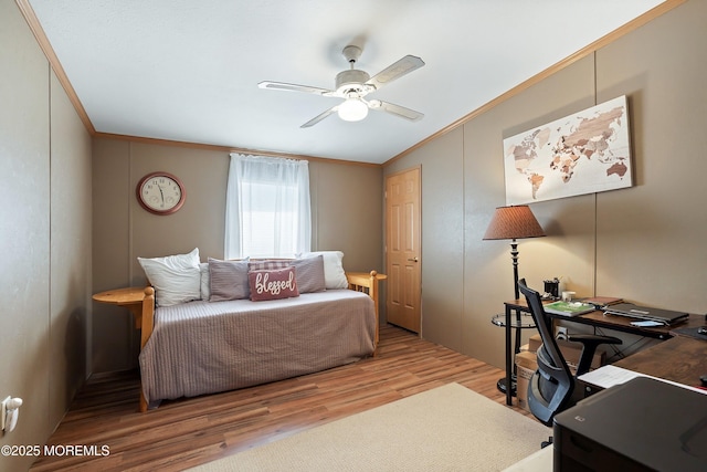 1400 Forest Way, Whiting, NJ 08759 - bedroom featuring ornamental molding, an office area, wood finished floors, and a ceiling fan