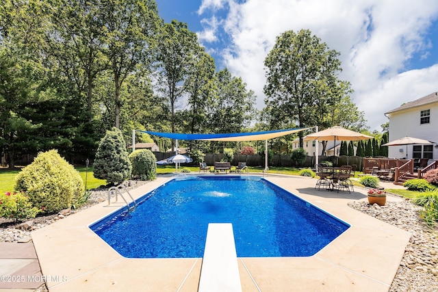 5 Persimmon Dr, Jackson, NJ 08527 - view of swimming pool with a patio area, a fenced backyard, and a diving board
