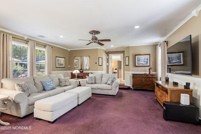 5 Persimmon Dr, Jackson, NJ 08527 - living room featuring crown molding, dark carpet, a ceiling fan, recessed lighting, and a wainscoted wall