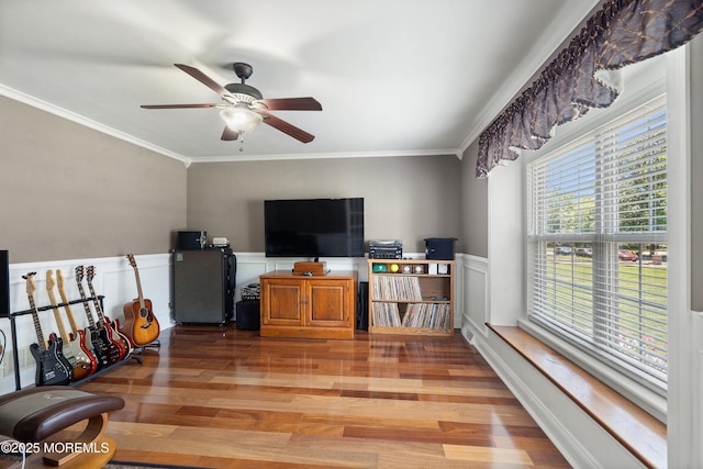 5 Persimmon Dr, Jackson, NJ 08527 - living room featuring a ceiling fan, light wood-type flooring, crown molding, and wainscoting
