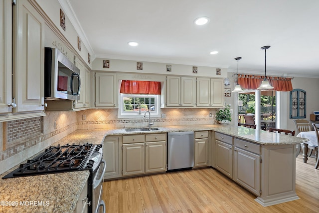 5 Persimmon Dr, Jackson, NJ 08527 - kitchen with appliances with stainless steel finishes, a sink, a peninsula, plenty of natural light, and ornamental molding