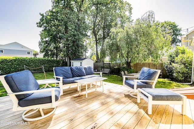 177 Cambridge Ave, Fair Haven, NJ 07704 - wooden terrace featuring a fenced backyard, outdoor lounge area, and a shed