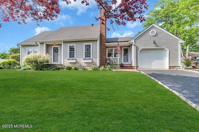 1304 Lenape Trl, Manasquan, NJ 08736 - ranch-style home featuring asphalt driveway, a chimney, an attached garage, and a front yard
