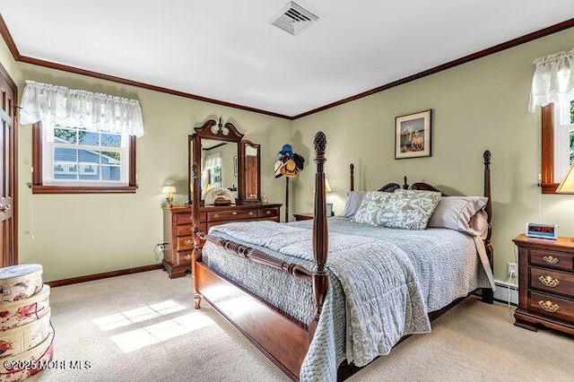 1304 Lenape Trl, Manasquan, NJ 08736 - bedroom featuring light carpet, crown molding, baseboards, and a baseboard radiator