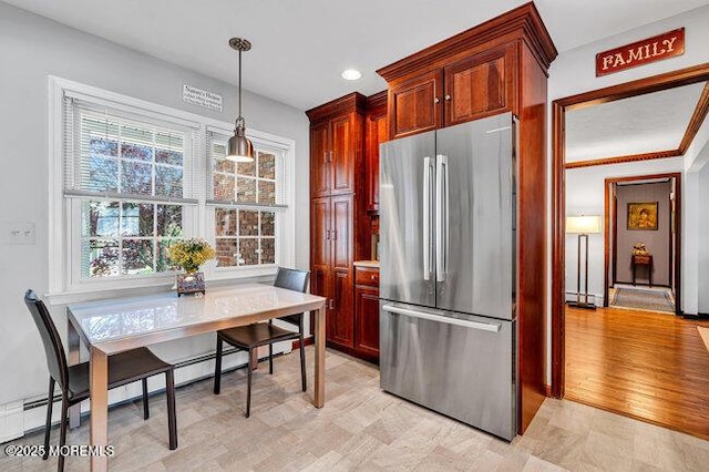 1304 Lenape Trl, Manasquan, NJ 08736 - kitchen with freestanding refrigerator, pendant lighting, recessed lighting, baseboard heating, and light countertops