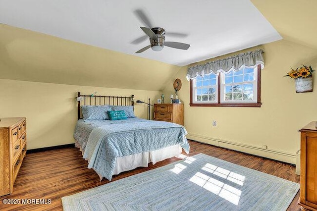 1304 Lenape Trl, Manasquan, NJ 08736 - bedroom with a baseboard heating unit, wood finished floors, vaulted ceiling, baseboards, and ceiling fan
