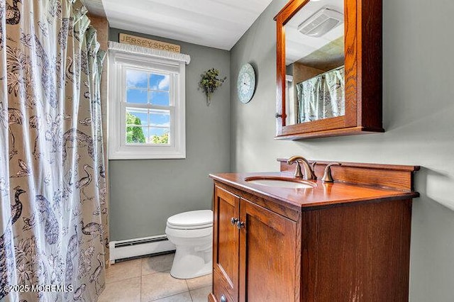 1304 Lenape Trl, Manasquan, NJ 08736 - bathroom featuring baseboard heating, vanity, toilet, tile patterned floors, and a shower with shower curtain